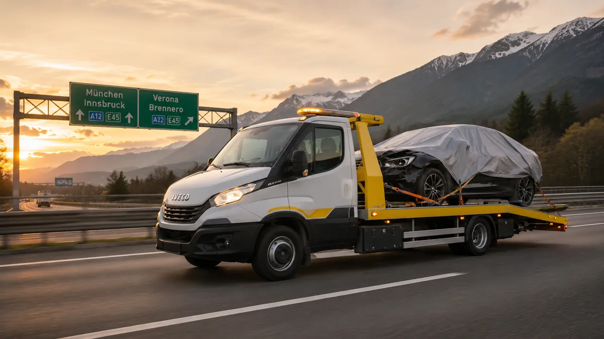 Autolaweta Iveco Daily HolExpert na trasie międzynarodowej z uszkodzonym autem