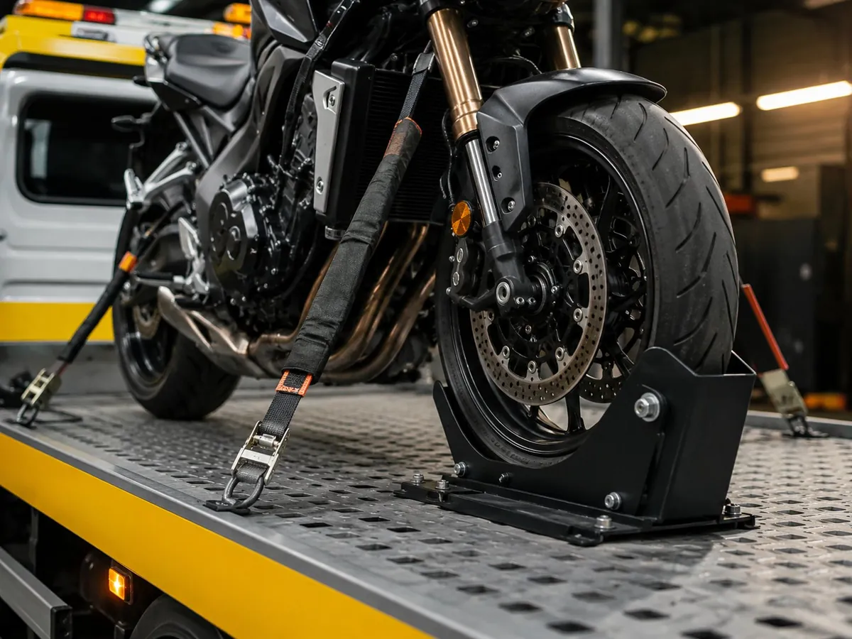 Motocykl zabezpieczony pasami i uchwytem na koło na lawecie HolExpert
